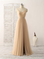 Simple V Neck Tulle Chiffon Long Prom Dress Champagne Bridesmaid Dresses