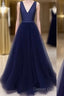 Simple V Neck Tulle Long Prom Dresses, Dark Blue Evening Dresses