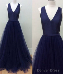 Simple V Neck Tulle Long Prom Dress, Dark Blue Evening Dress