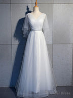 Simple V Neck Tulle Sequin Long Prom Dress, A Line Tulle Prom Dresses