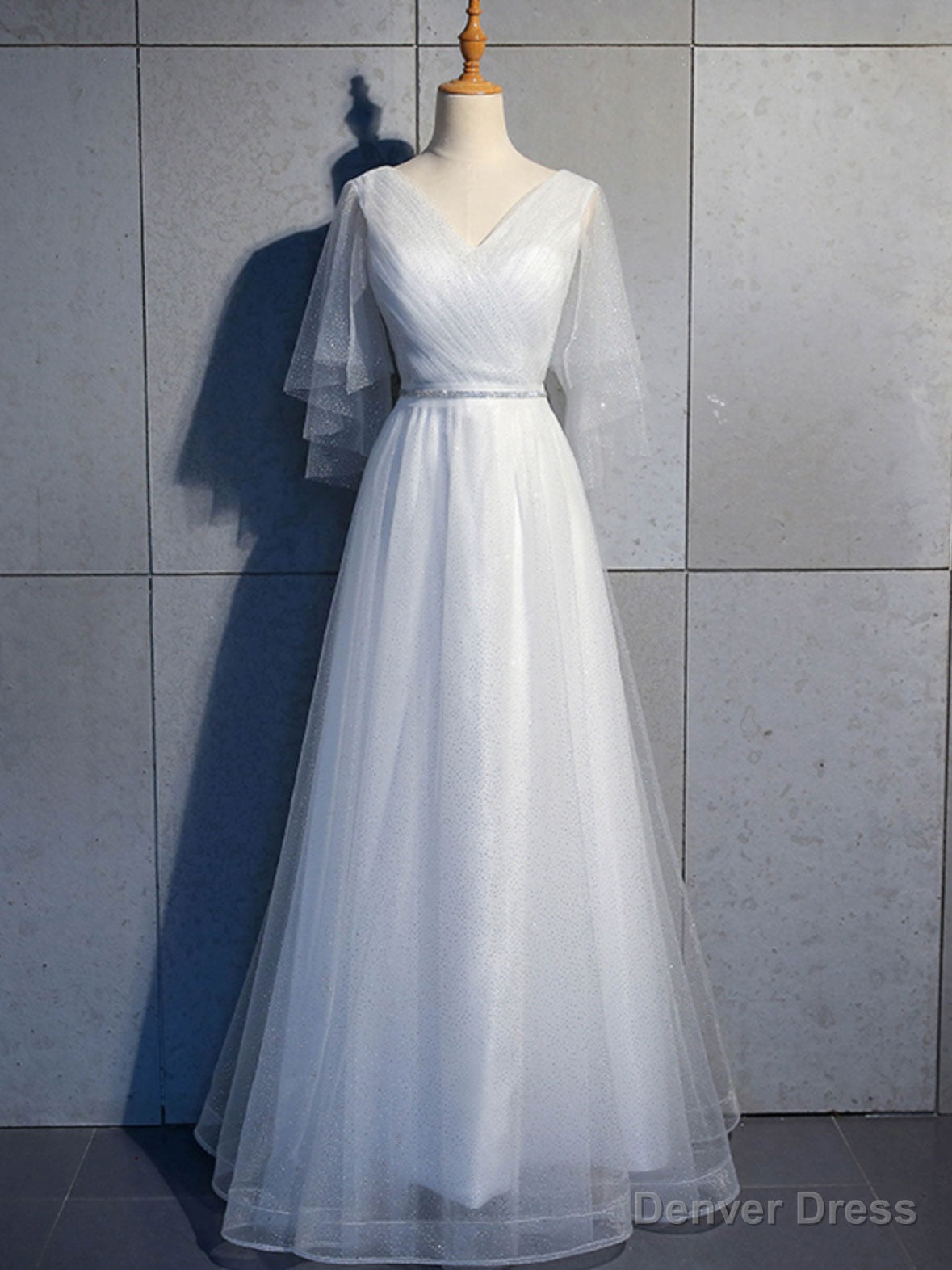 Simple V Neck Tulle Sequin Long Prom Dress, A Line Tulle Prom Dresses
