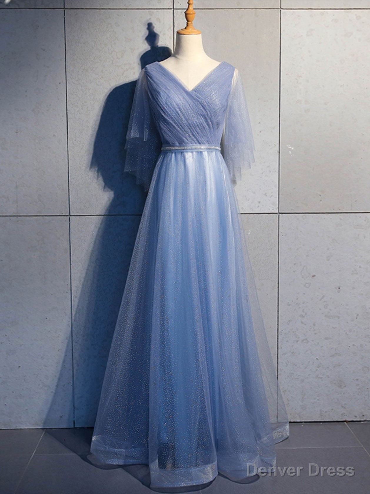 Simple V Neck Tulle Sequin Long Prom Dress, A Line Tulle Prom Dresses