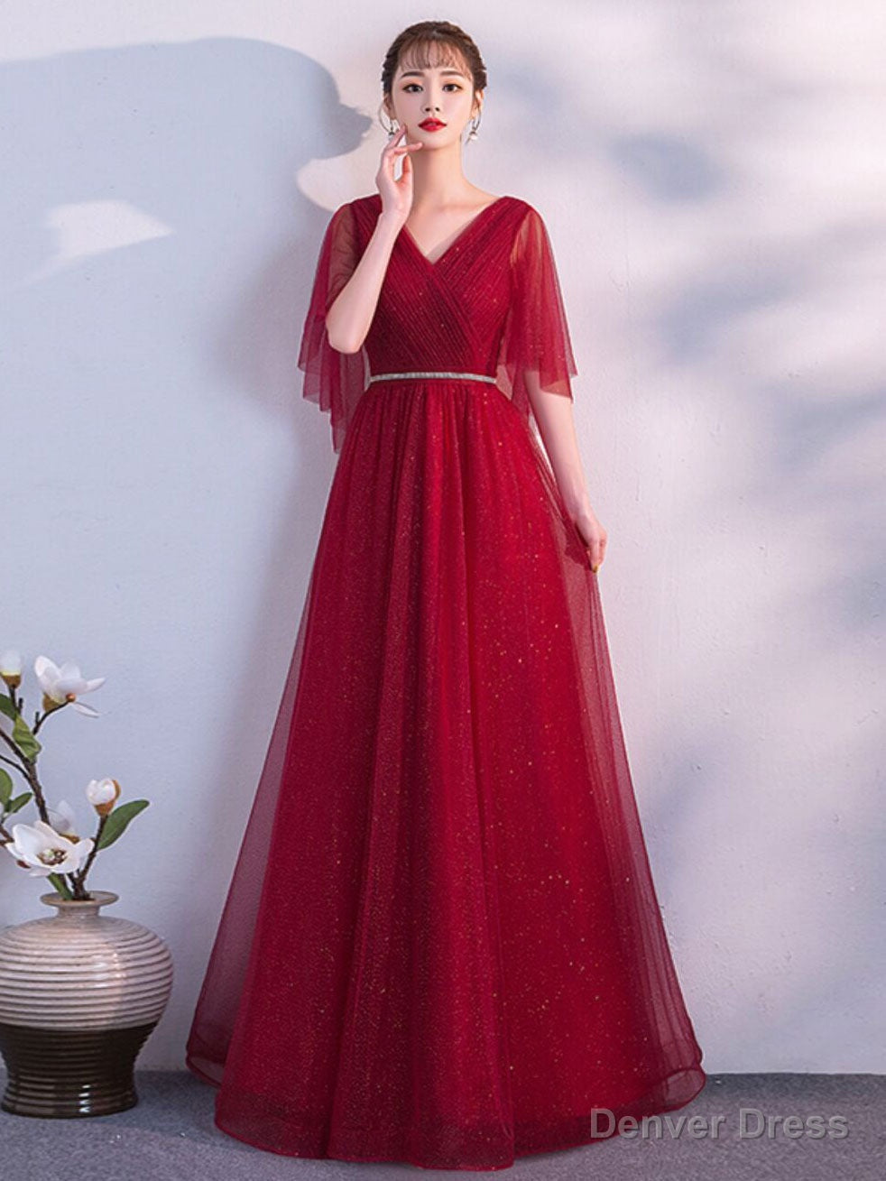 Simple V Neck Tulle Sequin Long Prom Dress, A Line Tulle Prom Dresses