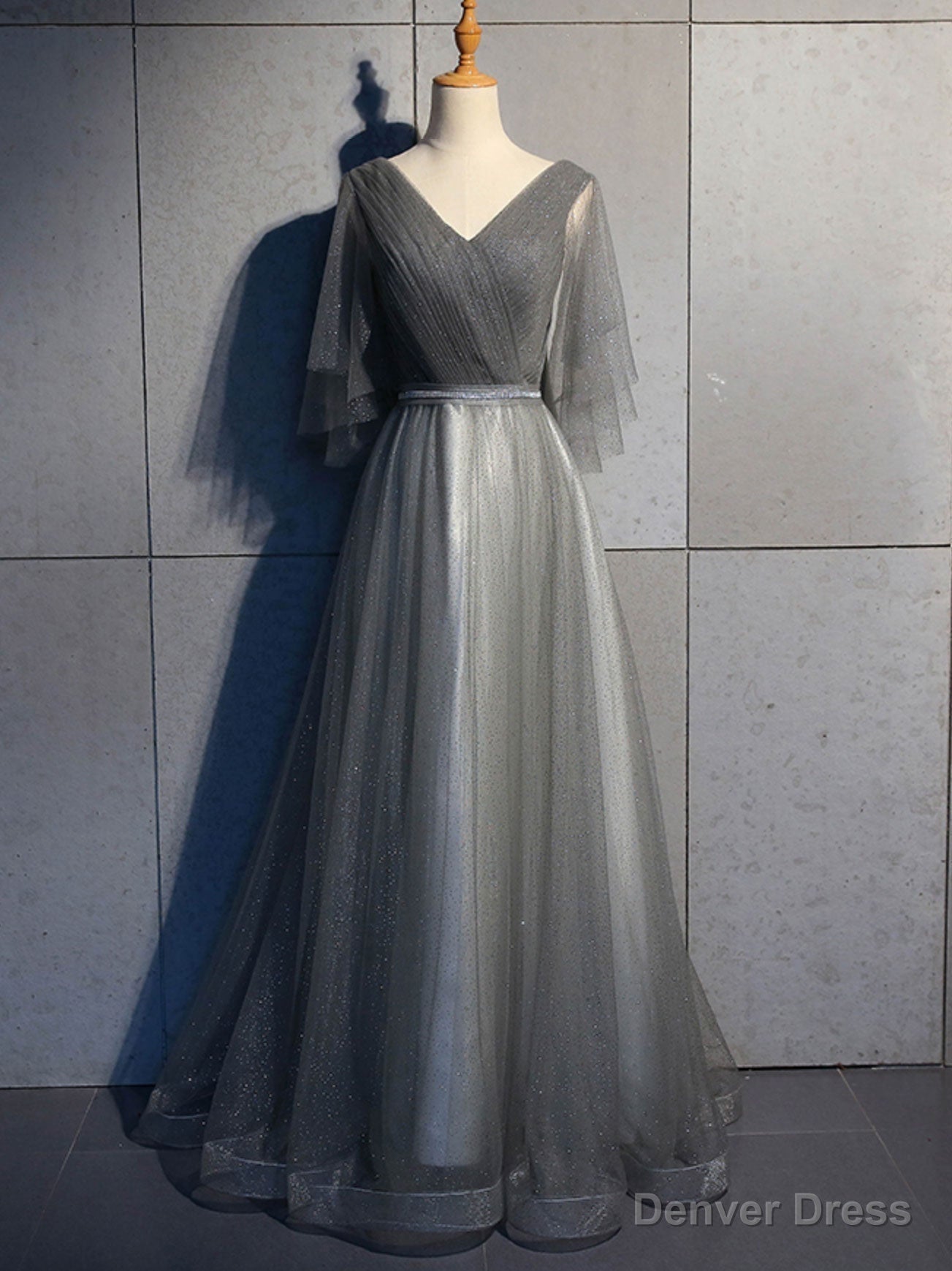 Simple V Neck Tulle Sequin Long Prom Dress, A Line Tulle Prom Dresses