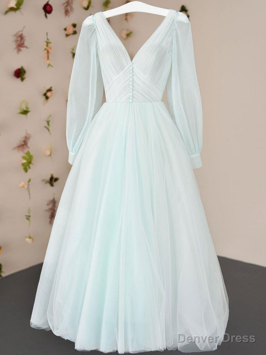 Simple v neck tulle tea length prom dress, tulle formal dress