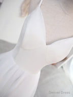 Simple V Neck Tulle Tea Length White Prom Dress, White Bridesmaid Dresses