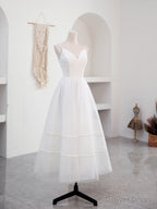 Simple V Neck Tulle Tea Length White Prom Dress, White Bridesmaid Dress