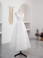 Simple V Neck Tulle Tea Length White Prom Dress, White Bridesmaid Dresses