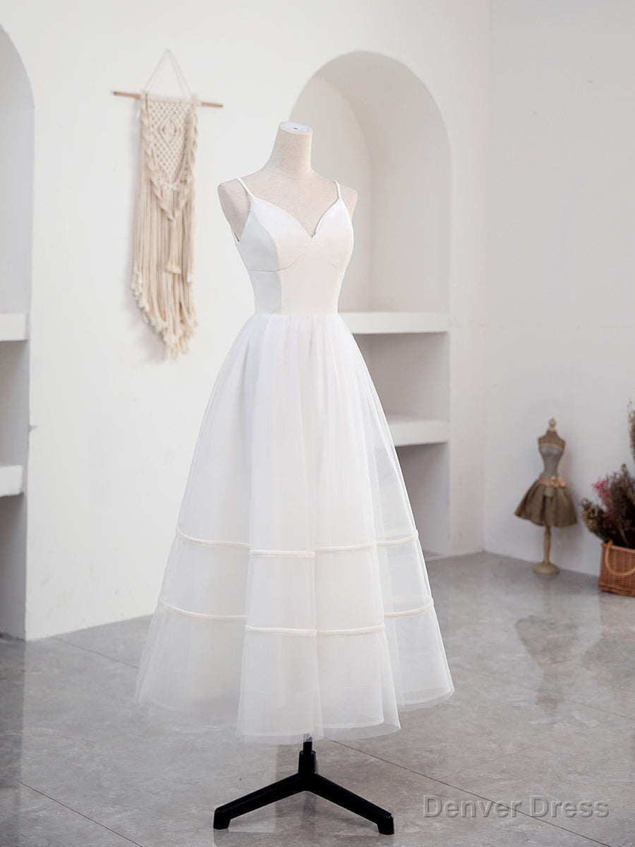 Simple V Neck Tulle Tea Length White Prom Dress, White Bridesmaid Dresses