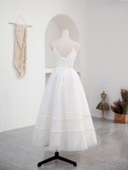 Simple V Neck Tulle Tea Length White Prom Dress, White Bridesmaid Dresses