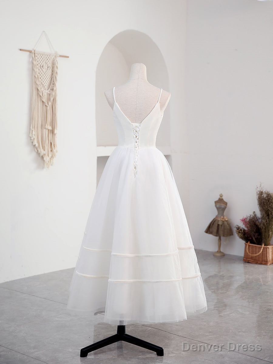 Simple V Neck Tulle Tea Length White Prom Dress, White Bridesmaid Dresses