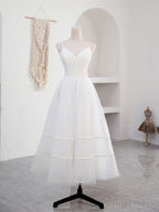 Simple V Neck Tulle Tea Length White Prom Dress, White Bridesmaid Dresses
