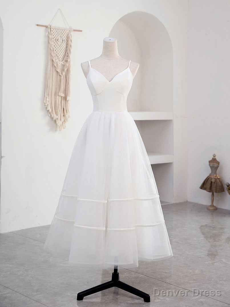 Simple V Neck Tulle Tea Length White Prom Dress, White Bridesmaid Dresses