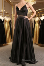 Simple V Neck Two Pieces Black Prom Dress, 2 Pieces Black Long Prom Dress, Black Prom Dresses