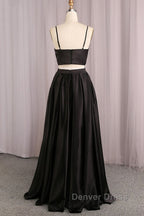 Simple V Neck Two Pieces Black Prom Dress, 2 Pieces Black Long Prom Dress, Black Prom Dresses