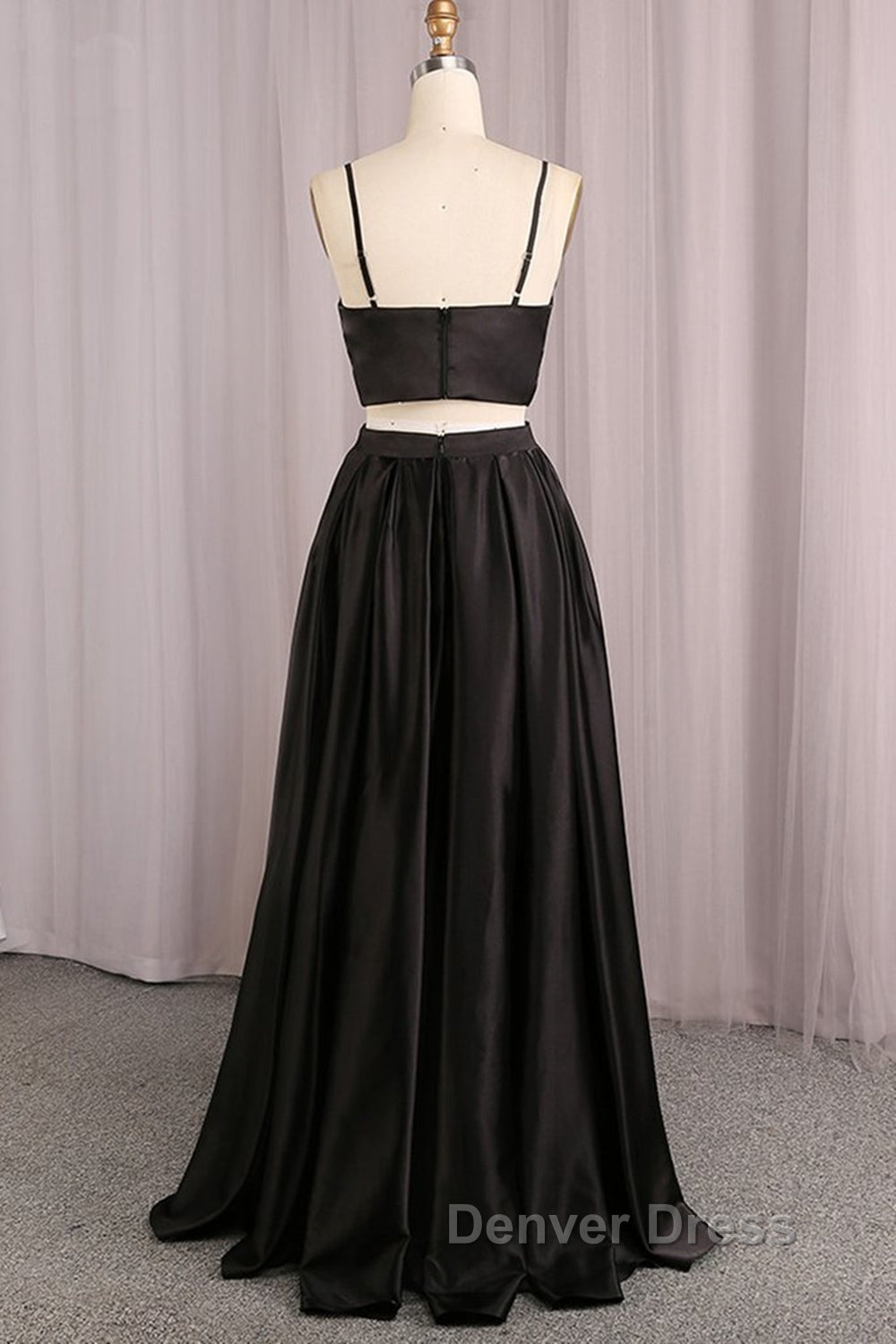 Simple V Neck Two Pieces Black Prom Dress, 2 Pieces Black Long Prom Dress, Black Prom Dresses