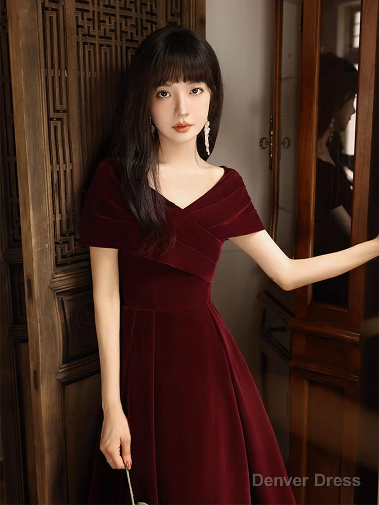 Simple V Neck Velvet Burgundy Long Prom Dress, Burgundy Long Prom Dresses