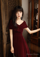 Simple V Neck Velvet Burgundy Long Prom Dress, Burgundy Long Formal Dress