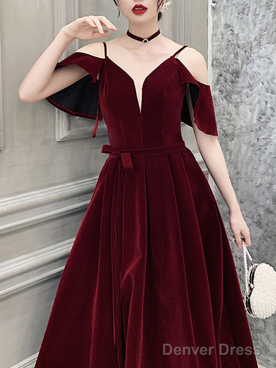 Simple V Neck Velvet Long Prom Dress, Burgundy Formal Evening Dress Secondary image