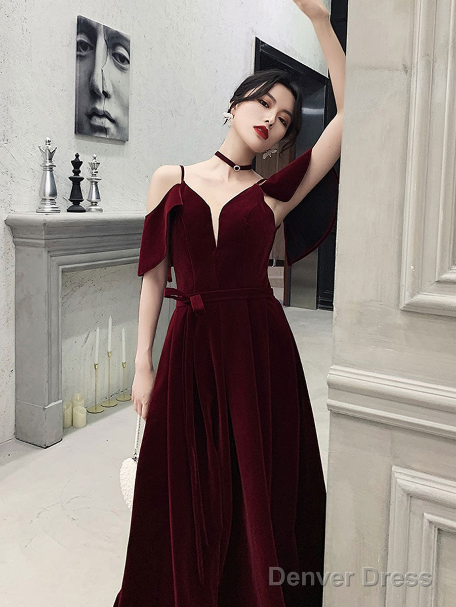 Simple V Neck Velvet Long Prom Dress, Burgundy Formal Evening Dress