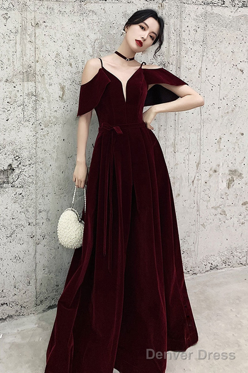 Simple V Neck Velvet Long Prom Dress, Burgundy Formal Evening Dress