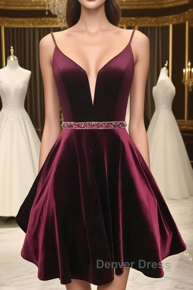 Simple v neck velvet short burgundy prom Dress, burgundy homecoming Dresses