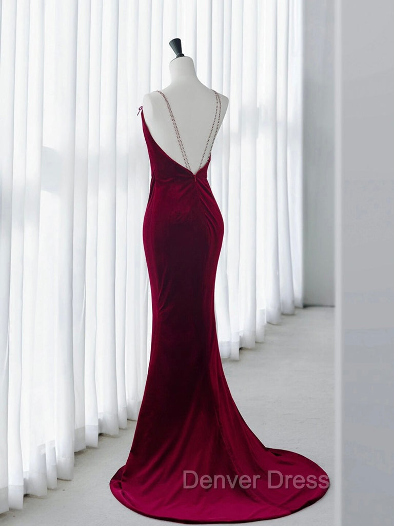 Simple Velvet Mermaid Burgundy Long Prom Dresses, Burgundy Long Formal Dresses Secondary image