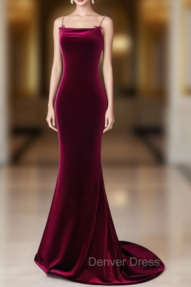 Simple Velvet Mermaid Burgundy Long Prom Dresses, Burgundy Long Formal Dresses