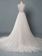 Simple Wedding Dress A Line V Neck Sleeveless Applique Beaded Floor Length Bridal Dresses