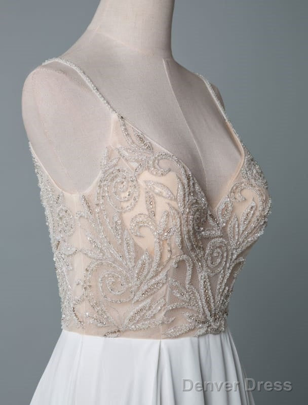 Simple Wedding Dress A Line V Neck Sleeveless Embroidered Chiffon Bridal Dresses With Train