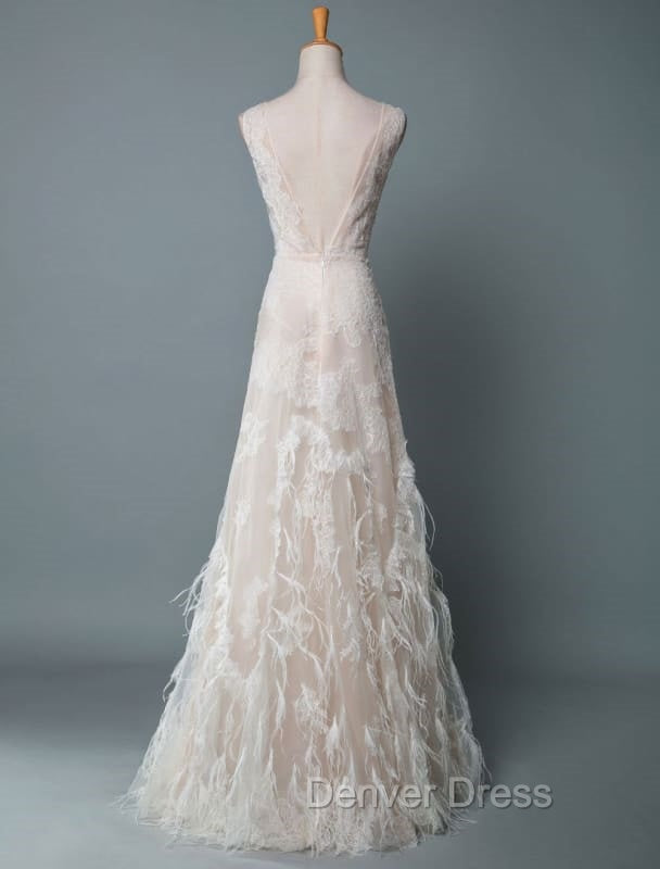 Simple Wedding Dresses Lace A Line V Neck Sleeveless Beaded Floor Length Feather Bridal Gown