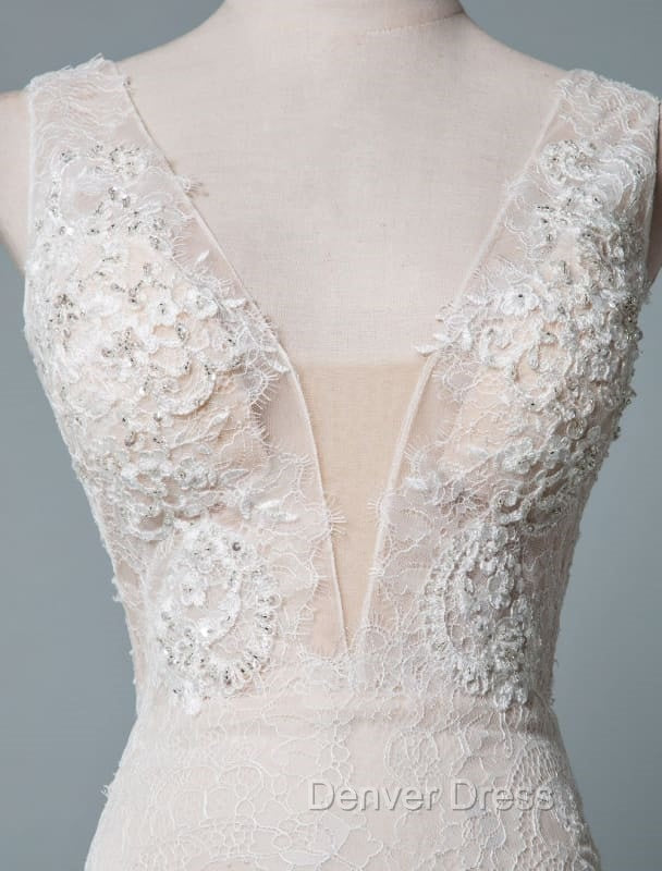 Simple Wedding Dresses Lace A Line V Neck Sleeveless Beaded Floor Length Feather Bridal Gown
