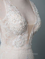 Simple Wedding Dresses Lace A Line V Neck Sleeveless Beaded Floor Length Feather Bridal Gowns