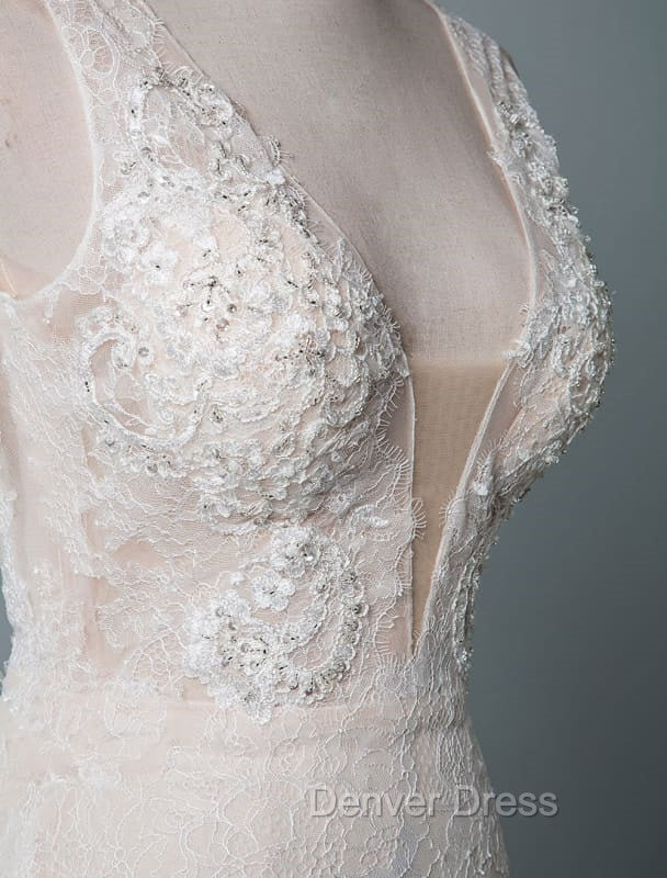 Simple Wedding Dresses Lace A Line V Neck Sleeveless Beaded Floor Length Feather Bridal Gown