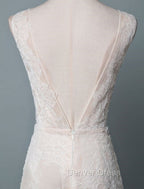 Simple Wedding Dresses Lace A Line V Neck Sleeveless Beaded Floor Length Feather Bridal Gown