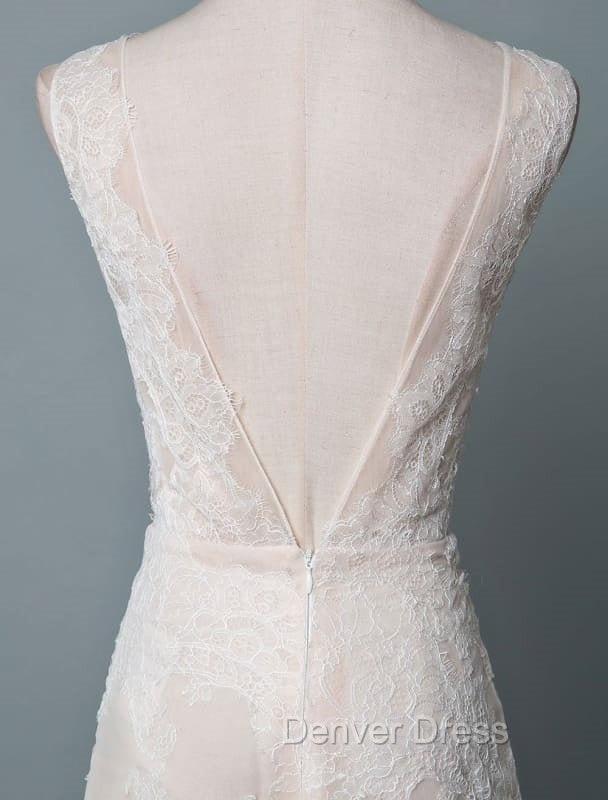 Simple Wedding Dresses Lace A Line V Neck Sleeveless Beaded Floor Length Feather Bridal Gown