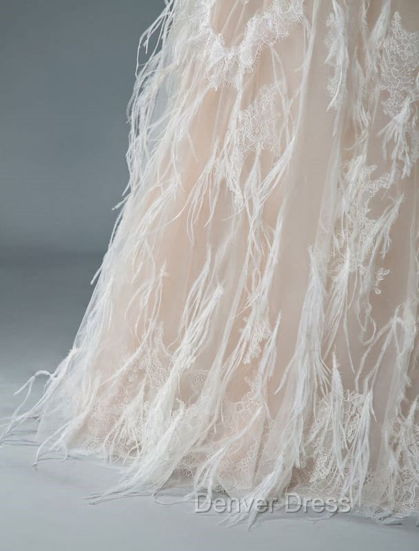 Simple Wedding Dresses Lace A Line V Neck Sleeveless Beaded Floor Length Feather Bridal Gowns