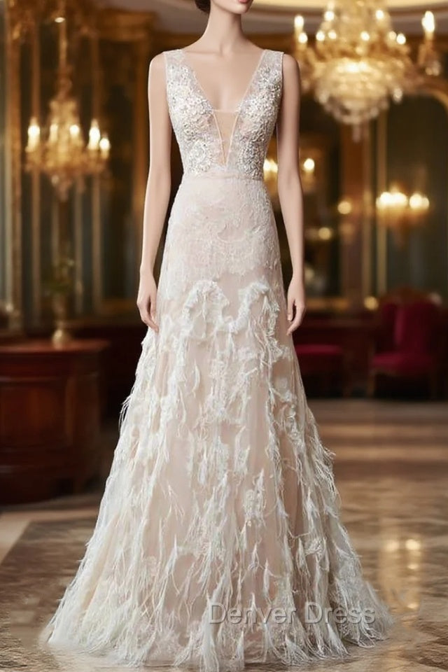 Simple Wedding Dresses Lace A Line V Neck Sleeveless Beaded Floor Length Feather Bridal Gown Main image