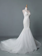 Simple Wedding Dress Lace V Neck Sleeveless Lace Mermaid Bridal Dresses With Train