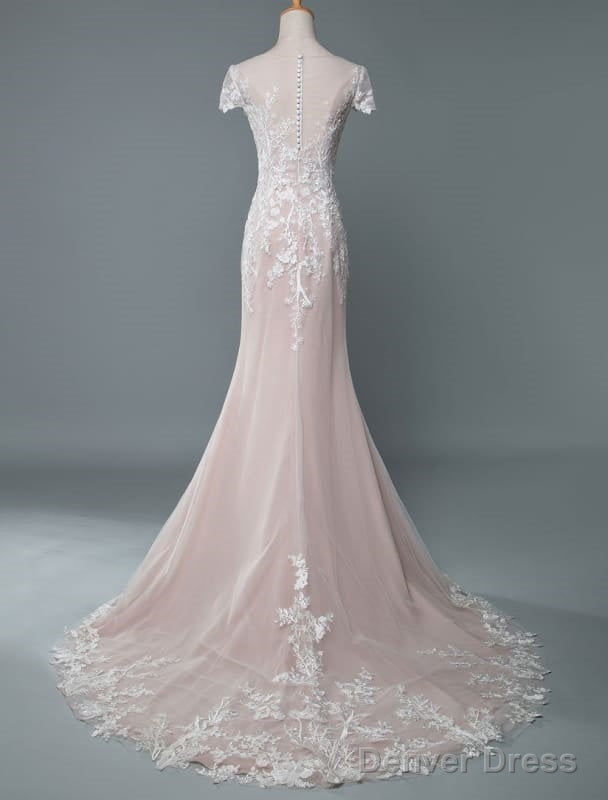 Simple Wedding Dress Mermaid Jewel Neck Short Sleeves Floor Length Customized Lace Bridal Gowns With Train