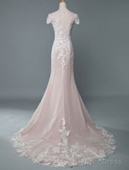 Simple Wedding Dresses Mermaid Jewel Neck Short Sleeves Floor Length Customized Lace Bridal Gown With Train