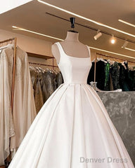 Simple Wedding Dress Satin Square Neckline Straps Ball Gown