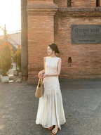 Simple A Line Round Neck Light Apricot Lace Chiffon Prom Dresses Outfits