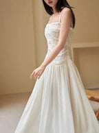 Simple A Line Round Neck Light Apricot Lace Chiffon Prom Dresses Outfits