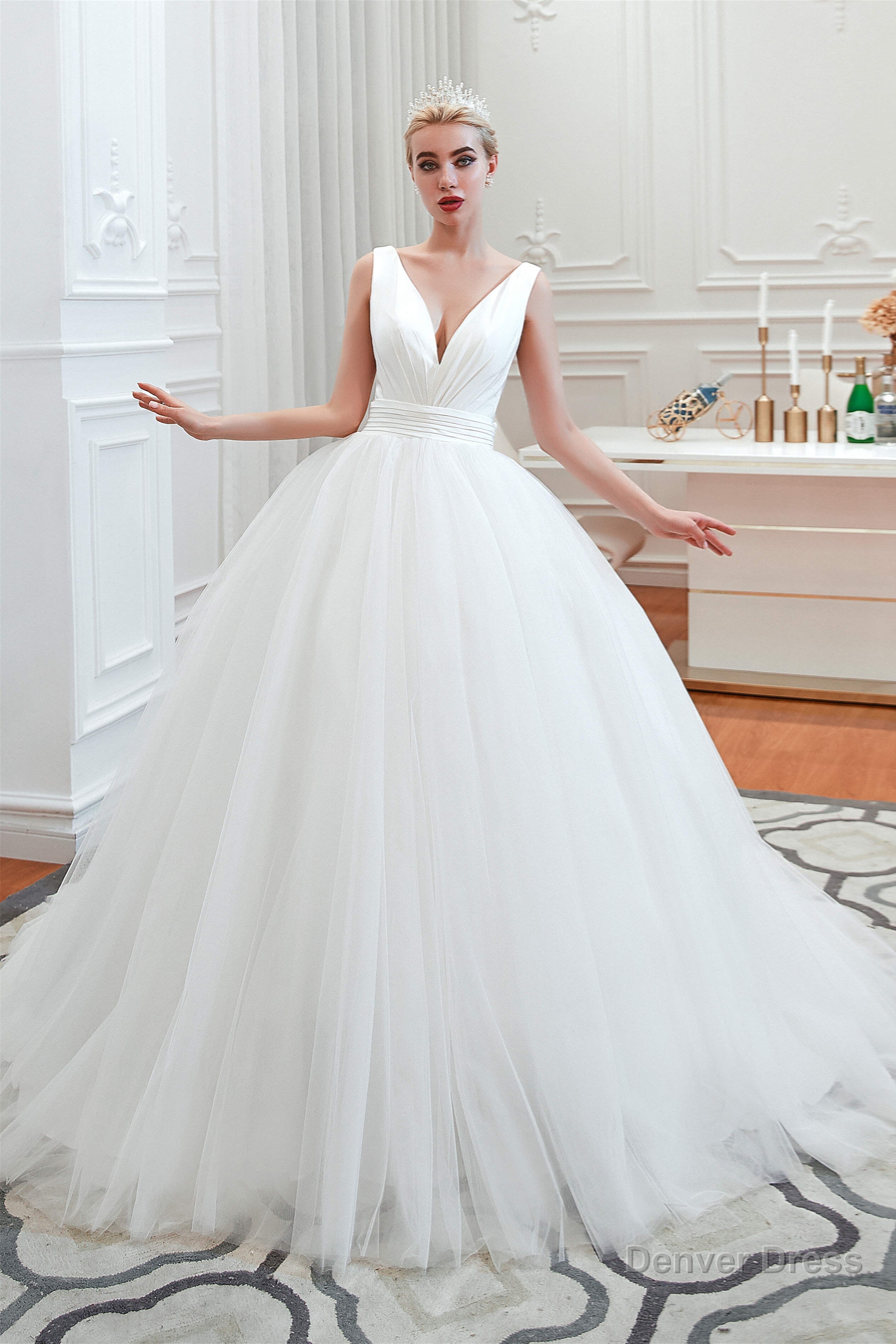 Simple White A Line V Neck Open Back Tulle Wedding Dresses Secondary image