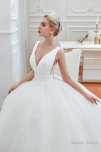 Simple White A Line V Neck Open Back Tulle Wedding Dresses