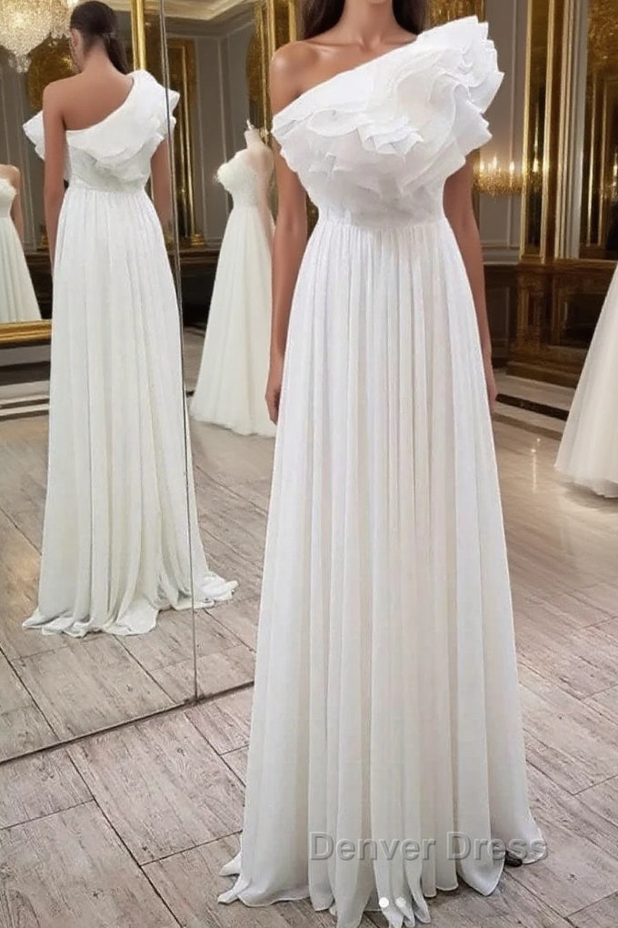 Simple white chiffon long prom Dress, white Prom Dresses