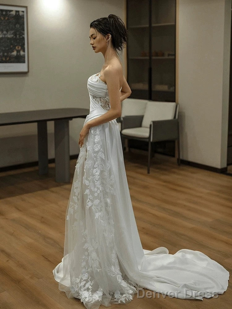 Simple White Mermaid One Shoulder Satin Lace Pleats Wedding Dress