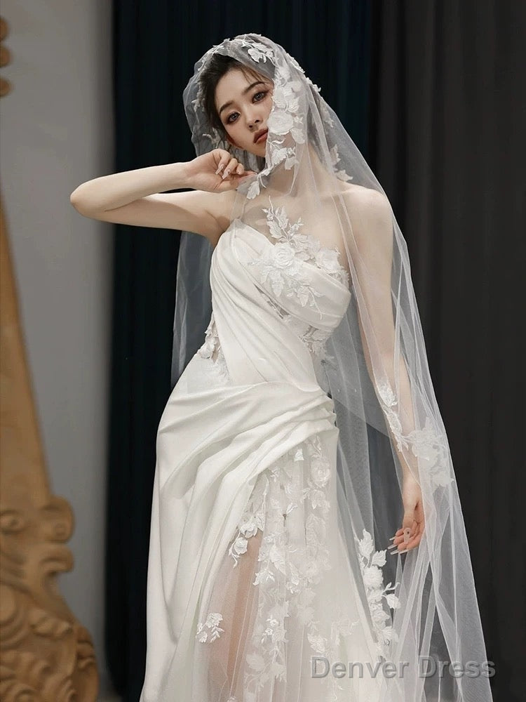 Simple White Mermaid One Shoulder Satin Lace Pleats Wedding Dresses