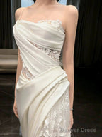 Simple White Mermaid One Shoulder Satin Lace Pleats Wedding Dress